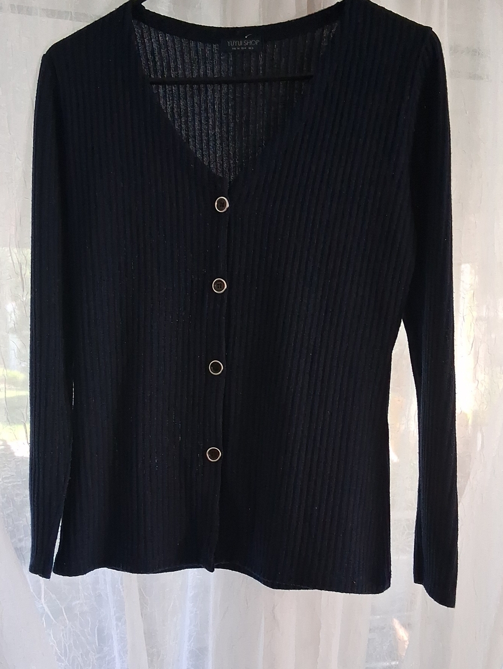 Black Ribbed V-Neck Button Cardigan